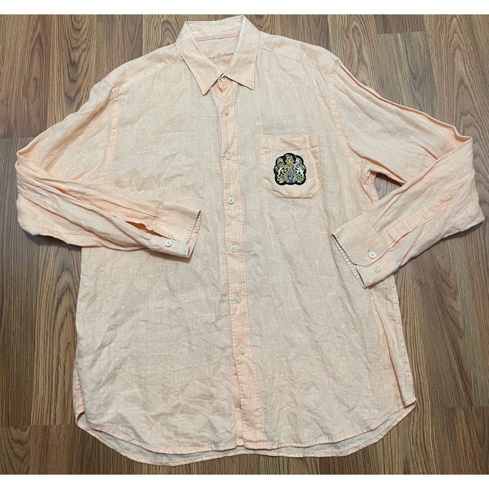 Tommy Bahama Shirt Mens Large Linen Woven Button Front Crest Patch - Picture 1 of 10